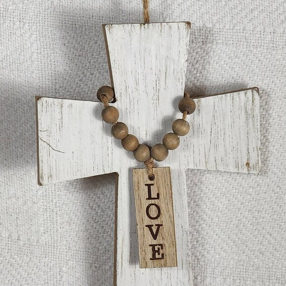 Rustic Whitewash Embossed Particle Board Beaded Faux Wood Love Sign on 8" Cross - Picture 2 of 16